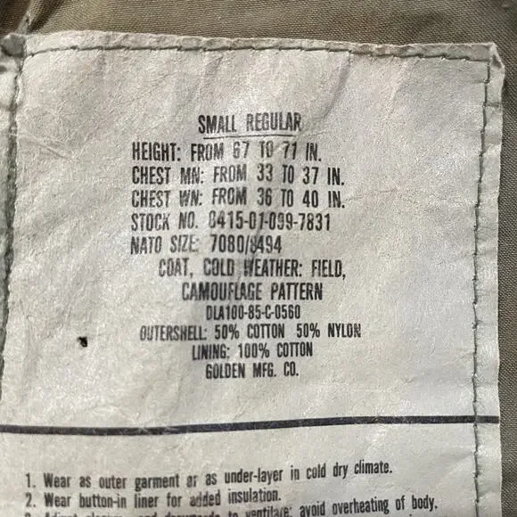 Vintage US Army Cold Weather Field Coat Small Reg Woodland Camo - Picture 9 of 9